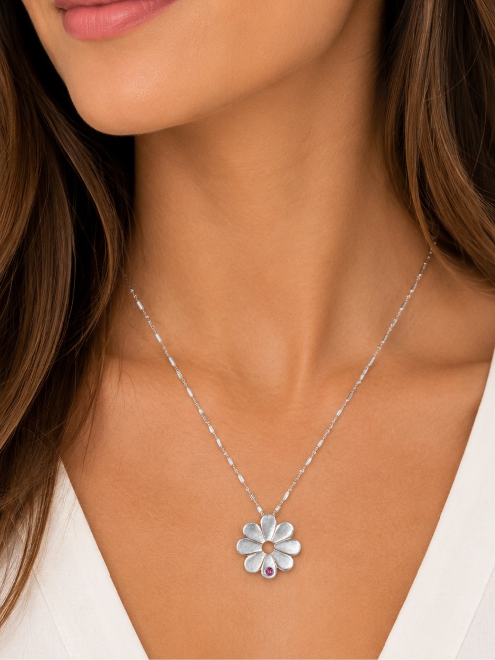 NEW - .925 Sterling Silver Daisy Necklace on 18" Chain with Pink Tourmaline